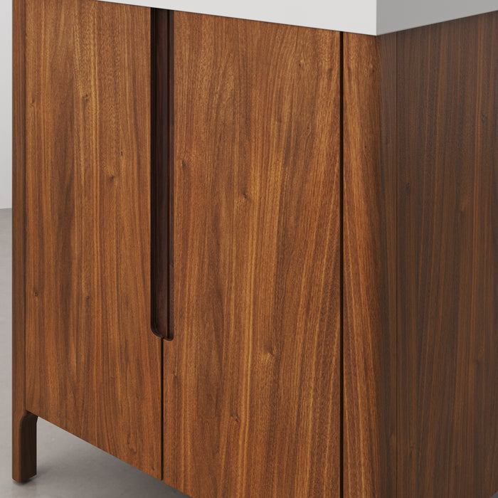 30-Inch Amish Single Sink Bathroom Vanity Noir Juglans Wood Mid-Century with Whitebrook Quartz Top Soft-Close Doors