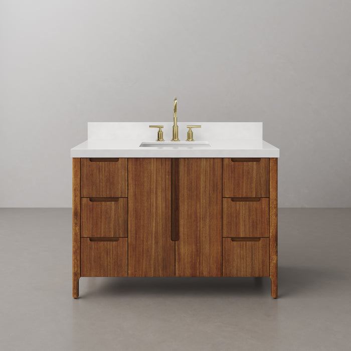 48 Inch Solis Mango Wood Single Sink Bathroom Vanity with Whitebrook Quartz Top & Gold Faucet