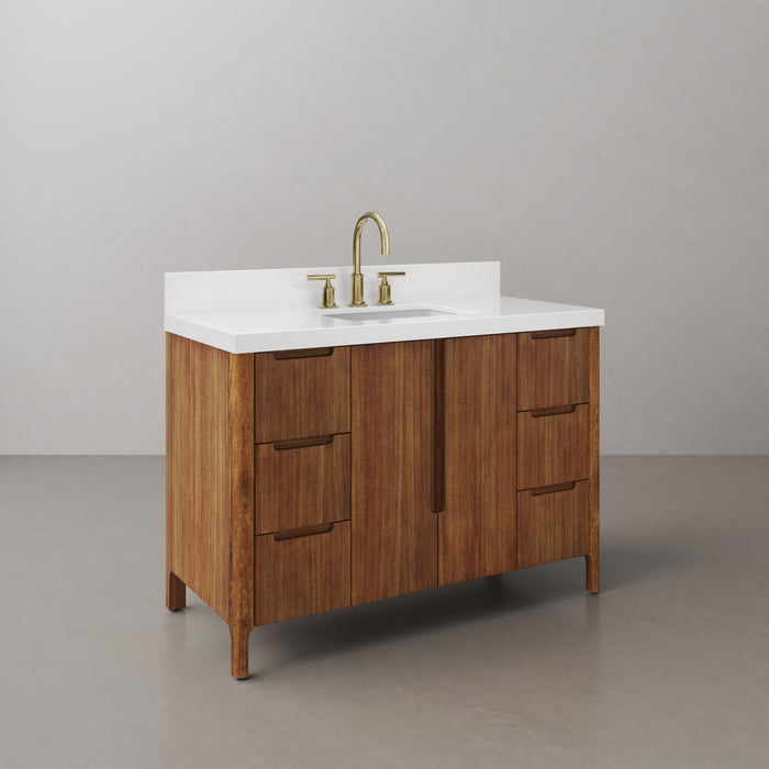 48 Inch Solis Mango Wood Single Sink Bathroom Vanity with Whitebrook Quartz Top & Gold Faucet