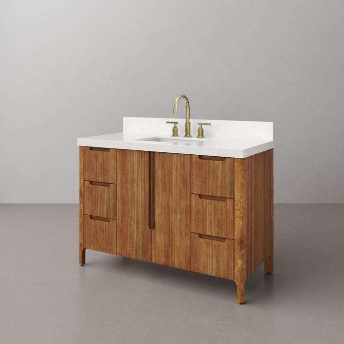 48 Inch Solis Mango Wood Single Sink Bathroom Vanity with Whitebrook Quartz Top & Gold Faucet