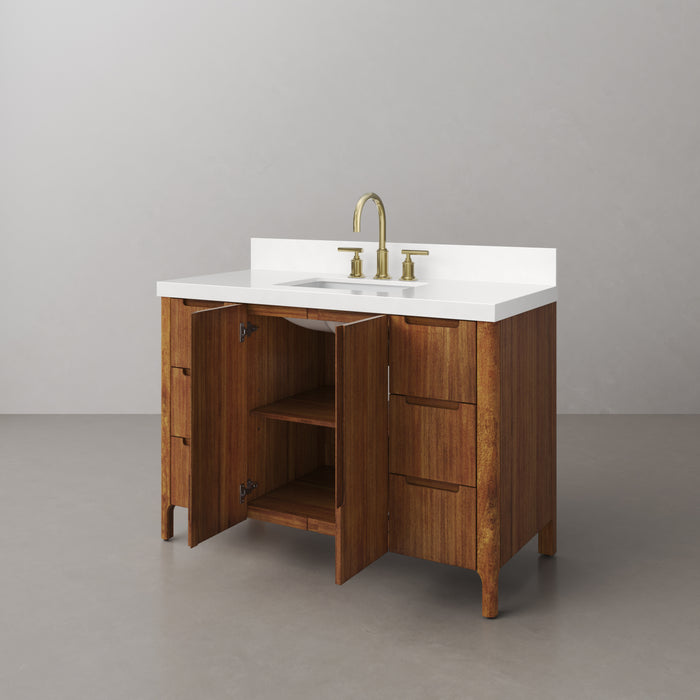 48 Inch Solis Mango Wood Single Sink Bathroom Vanity with Whitebrook Quartz Top & Gold Faucet