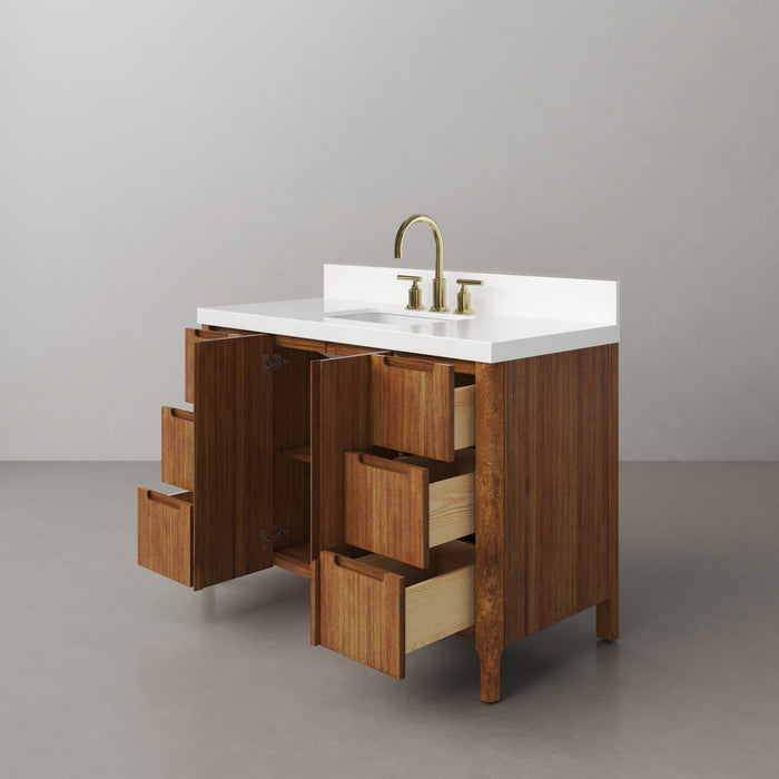 48 Inch Solis Mango Wood Single Sink Bathroom Vanity with Whitebrook Quartz Top & Gold Faucet