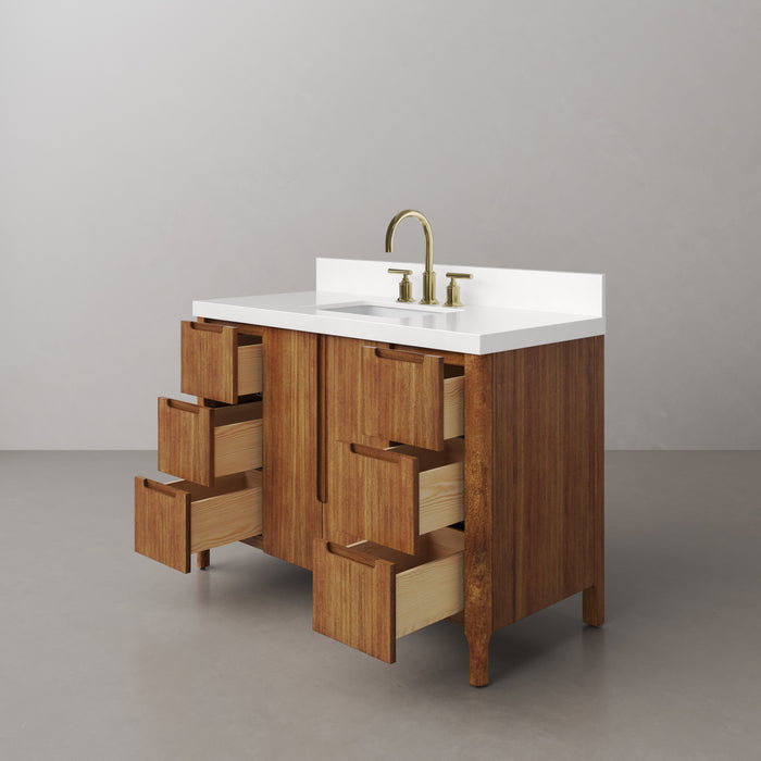 48 Inch Solis Mango Wood Single Sink Bathroom Vanity with Whitebrook Quartz Top & Gold Faucet