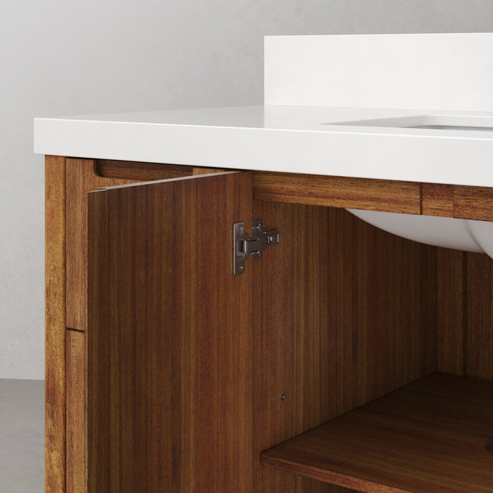 48 Inch Solis Mango Wood Single Sink Bathroom Vanity with Whitebrook Quartz Top & Gold Faucet