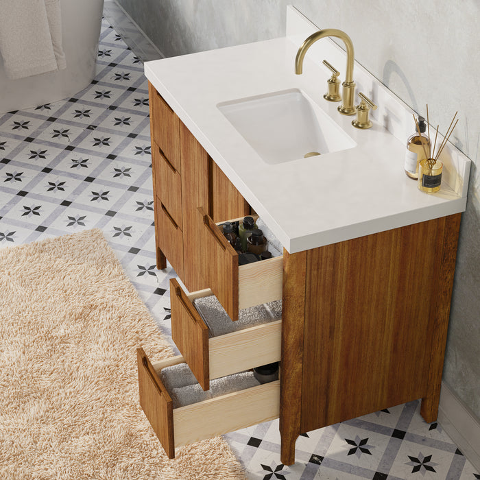 48 Inch Solis Mango Wood Single Sink Bathroom Vanity with Whitebrook Quartz Top & Gold Faucet