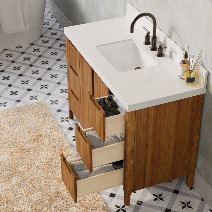 48 Inch Single Sink Tate Vanity Mango Wood Freestanding Whitebrook Quartz Countertop with Faucet