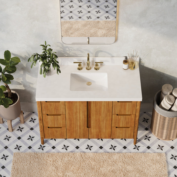 48 Inch Solis Mango Wood Single Sink Bathroom Vanity with Whitebrook Quartz Top & Gold Faucet