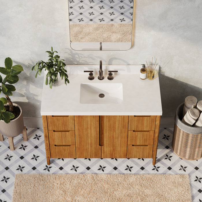 48 Inch Single Sink Tate Vanity Mango Wood Freestanding Whitebrook Quartz Countertop with Faucet