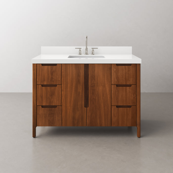 48-Inch Mango Wood Jace Bathroom Vanity - Mid-Century Modern Single Sink with Whitebrook Quartz Top & Chrome Faucet