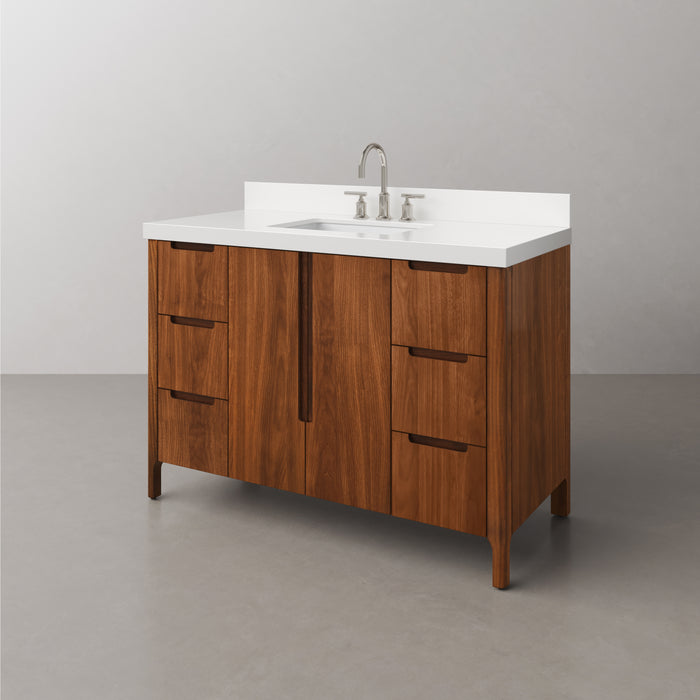 48-Inch Mango Wood Jace Bathroom Vanity - Mid-Century Modern Single Sink with Whitebrook Quartz Top & Chrome Faucet