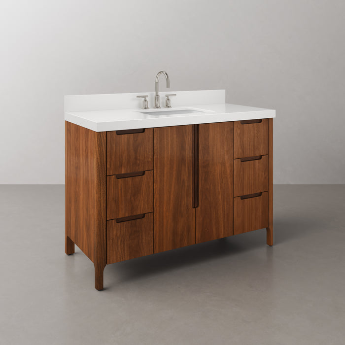 48-Inch Mango Wood Jace Bathroom Vanity - Mid-Century Modern Single Sink with Whitebrook Quartz Top & Chrome Faucet