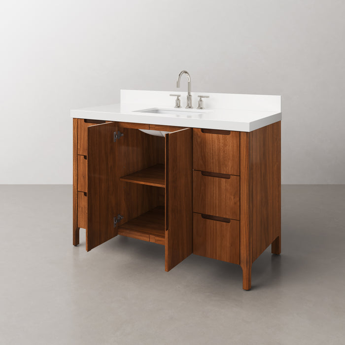 48-Inch Mango Wood Jace Bathroom Vanity - Mid-Century Modern Single Sink with Whitebrook Quartz Top & Chrome Faucet