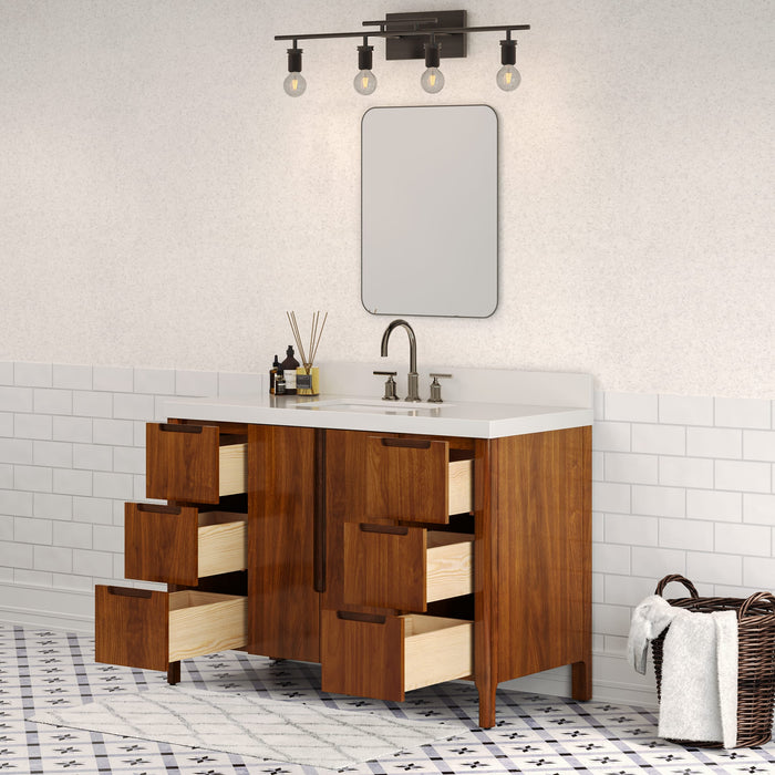 48-Inch Mango Wood Jace Bathroom Vanity - Mid-Century Modern Single Sink with Whitebrook Quartz Top & Chrome Faucet