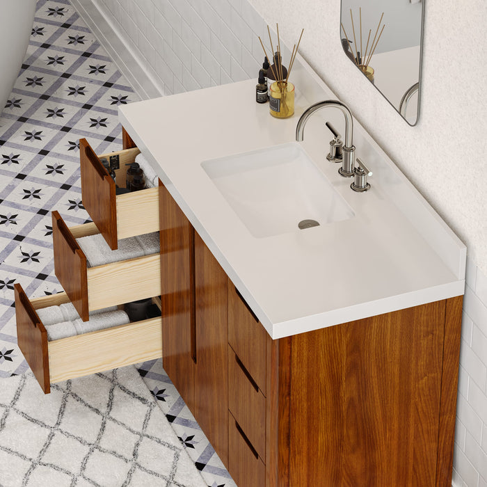 48-Inch Mango Wood Jace Bathroom Vanity - Mid-Century Modern Single Sink with Whitebrook Quartz Top & Chrome Faucet