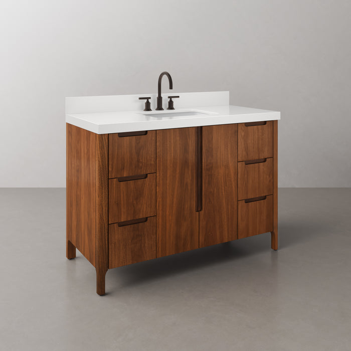 48-Inch Freestanding Terra Bathroom Vanity - Noir Juglans Wood with Whitebrook Quartz & Oil-Rubbed Bronze Faucet