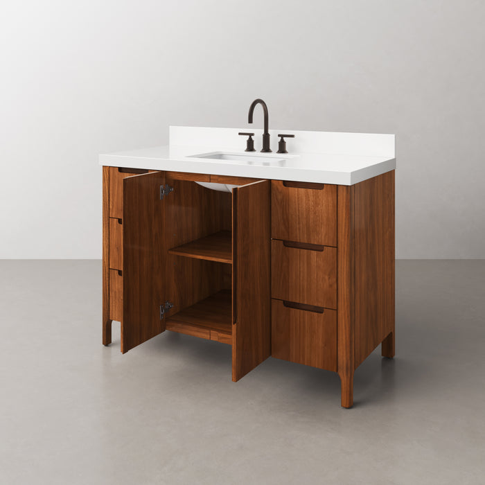 48-Inch Freestanding Terra Bathroom Vanity - Noir Juglans Wood with Whitebrook Quartz & Oil-Rubbed Bronze Faucet