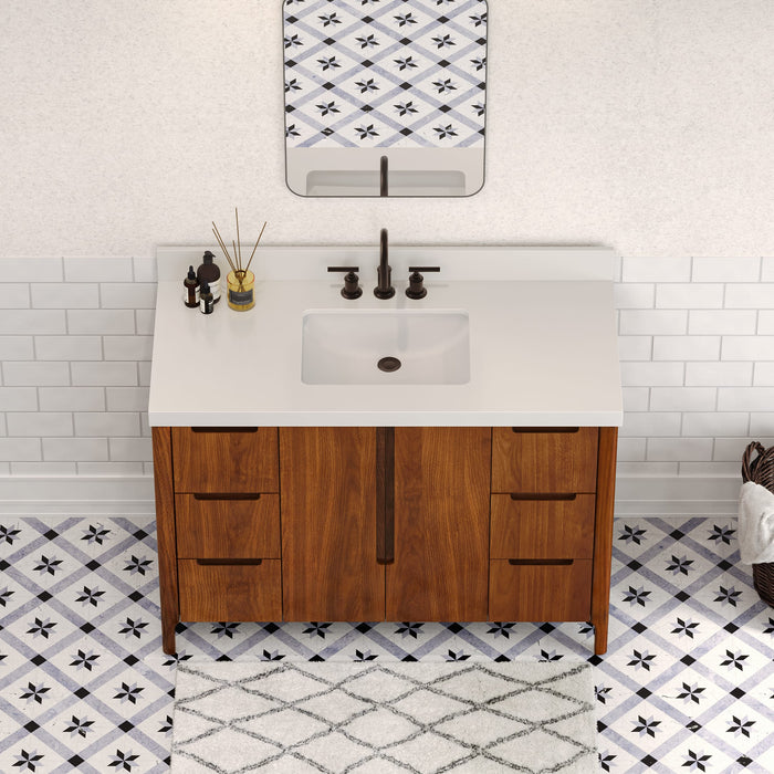 48-Inch Freestanding Terra Bathroom Vanity - Noir Juglans Wood with Whitebrook Quartz & Oil-Rubbed Bronze Faucet