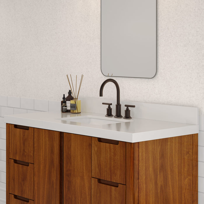 48-Inch Freestanding Terra Bathroom Vanity - Noir Juglans Wood with Whitebrook Quartz & Oil-Rubbed Bronze Faucet