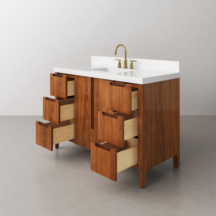 48" Overture Noir Juglans Bathroom Vanity - Whitebrook Quartz Countertop Single Sink with Backsplash & Gold Faucet