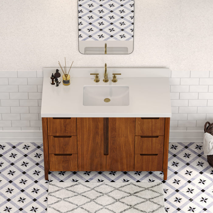 48" Overture Noir Juglans Bathroom Vanity - Whitebrook Quartz Countertop Single Sink with Backsplash & Gold Faucet
