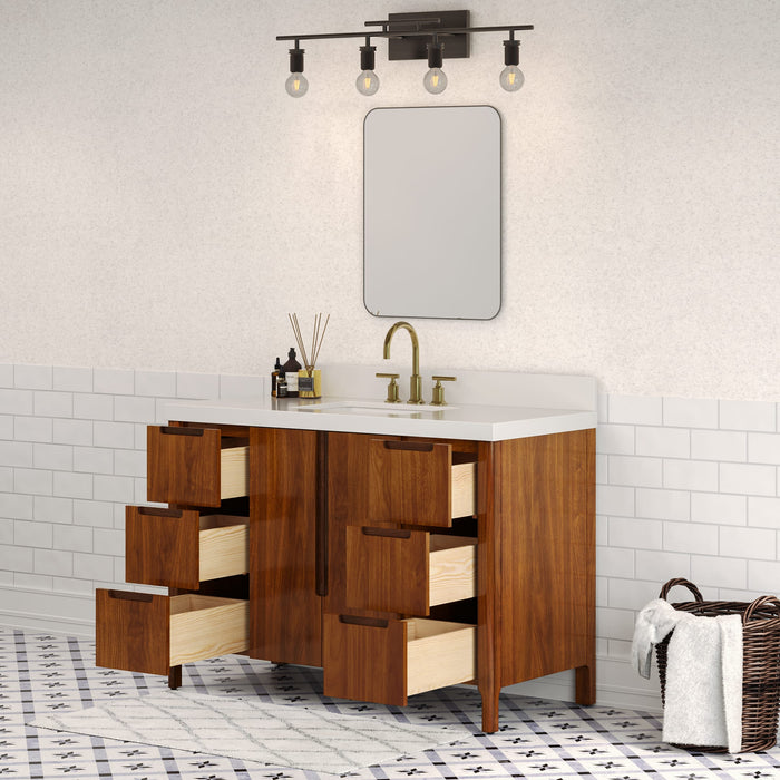 48" Overture Noir Juglans Bathroom Vanity - Whitebrook Quartz Countertop Single Sink with Backsplash & Gold Faucet