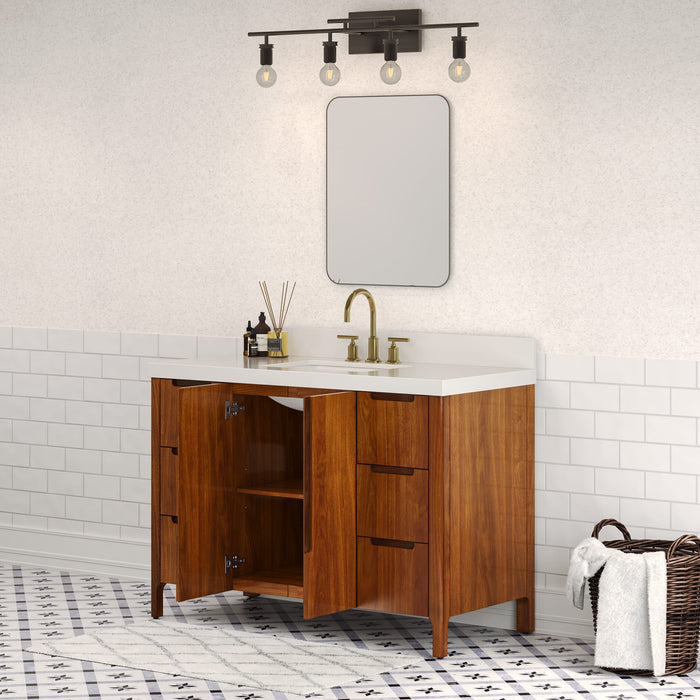 48" Overture Noir Juglans Bathroom Vanity - Whitebrook Quartz Countertop Single Sink with Backsplash & Gold Faucet