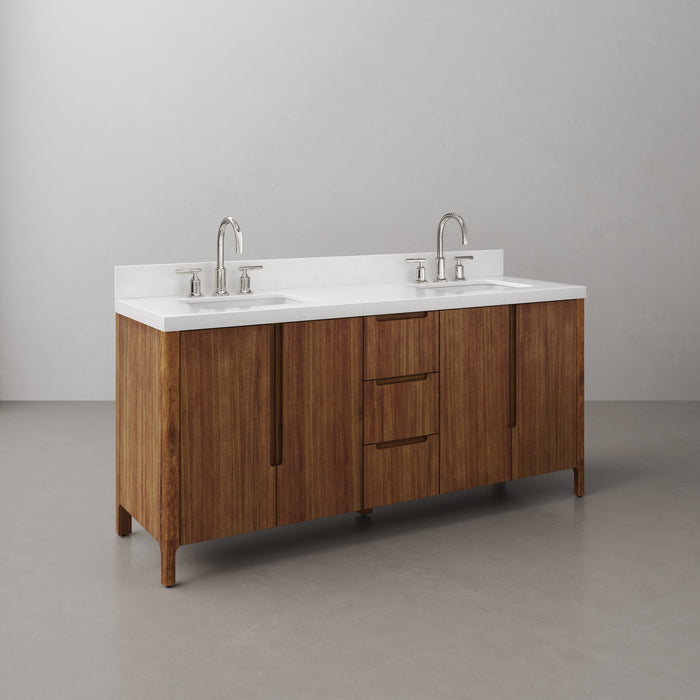 72-Inch Vista Double Sink Mango Wood Bathroom Vanity with Quartz Countertop and Chrome Faucets