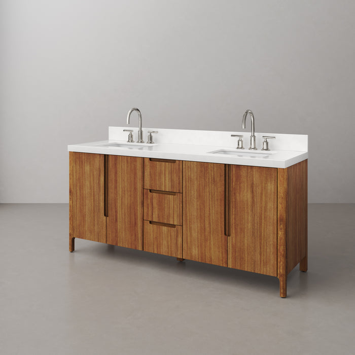 72-Inch Vista Double Sink Mango Wood Bathroom Vanity with Quartz Countertop and Chrome Faucets