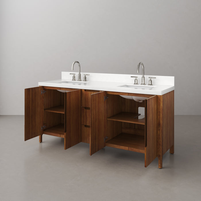 72-Inch Vista Double Sink Mango Wood Bathroom Vanity with Quartz Countertop and Chrome Faucets