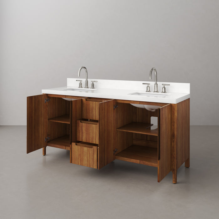 72-Inch Vista Double Sink Mango Wood Bathroom Vanity with Quartz Countertop and Chrome Faucets