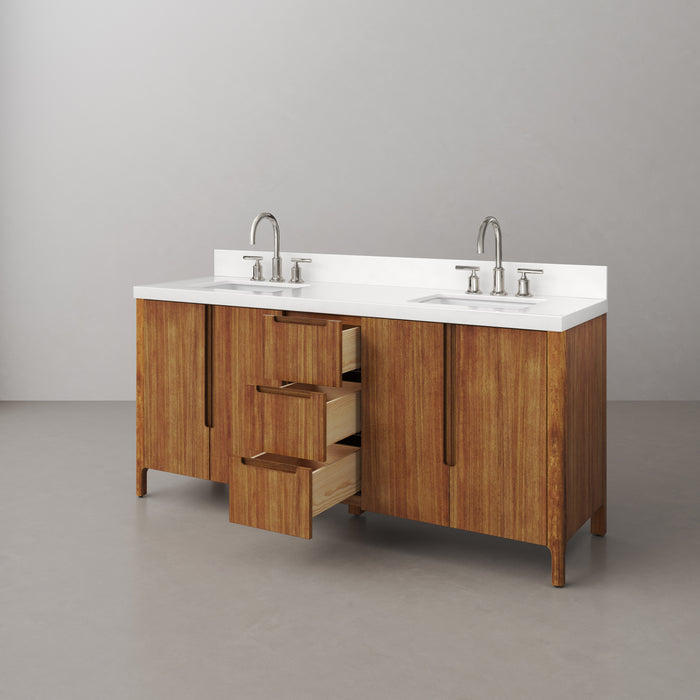72-Inch Vista Double Sink Mango Wood Bathroom Vanity with Quartz Countertop and Chrome Faucets