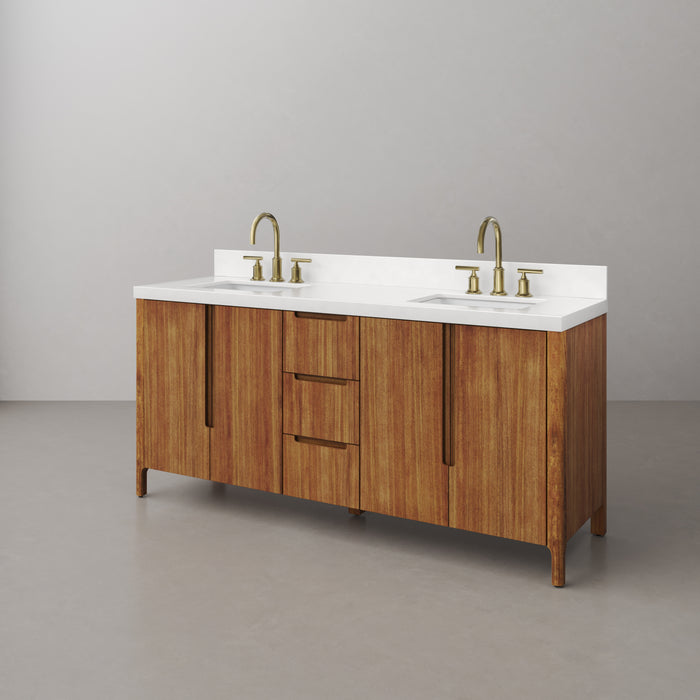 72-Inch Evie Double Sink Mango Wood Bathroom Vanity with Whitebrook Quartz Top & Satin Gold Faucets