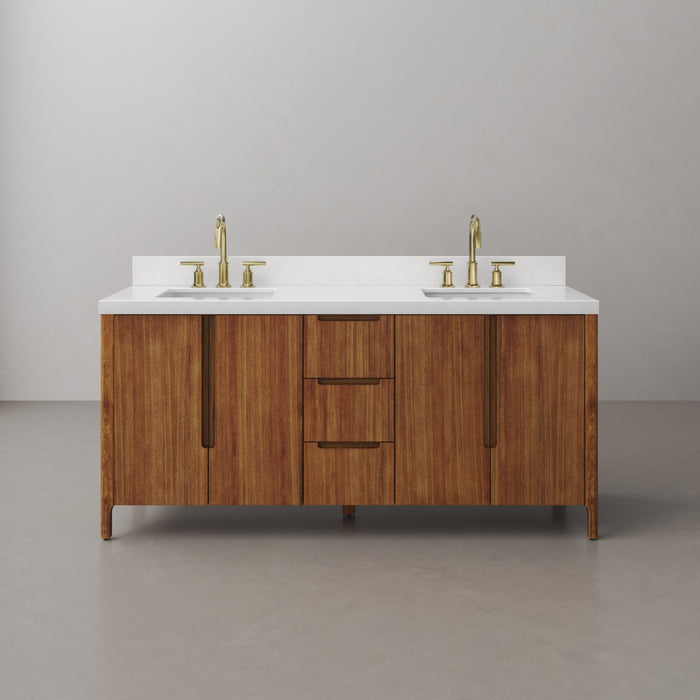 72-Inch Evie Double Sink Mango Wood Bathroom Vanity with Whitebrook Quartz Top & Satin Gold Faucets