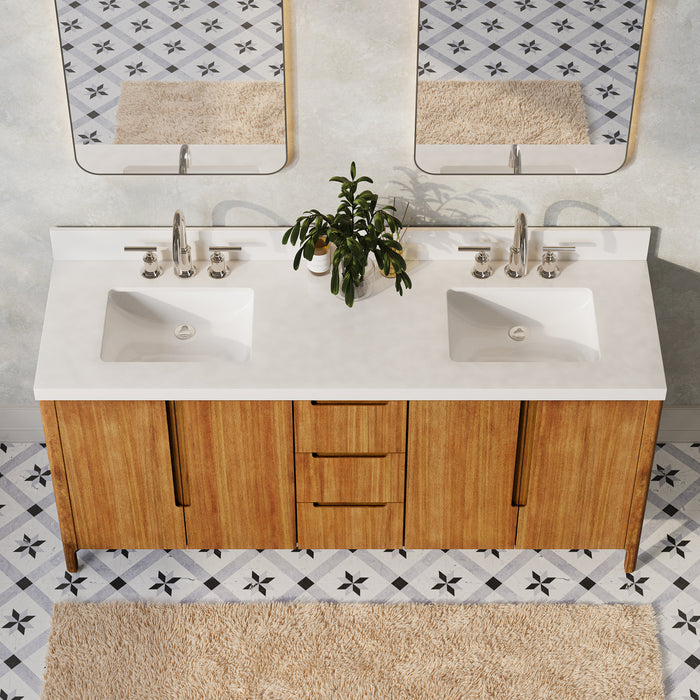 72-Inch Vista Double Sink Mango Wood Bathroom Vanity with Quartz Countertop and Chrome Faucets