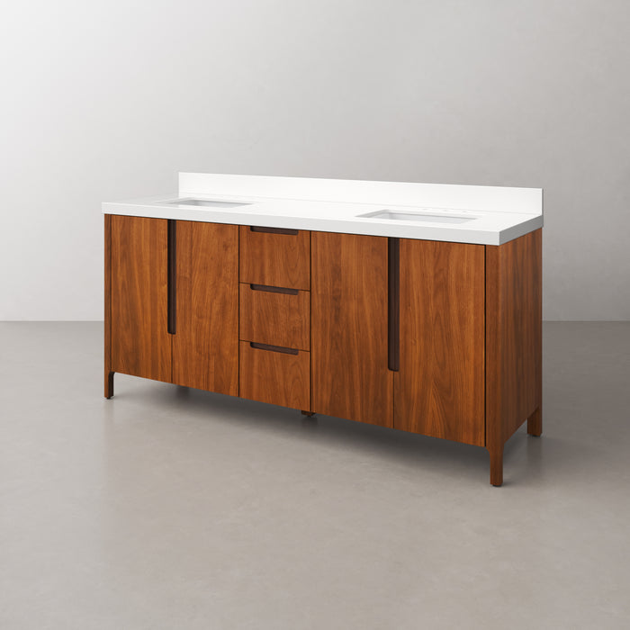 72-Inch Zora Noir Juglans Double Sink Bathroom Vanity with Whitebrook Quartz Top - Freestanding