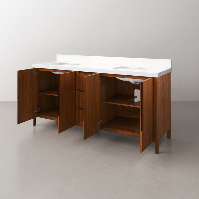 72-Inch Zora Noir Juglans Double Sink Bathroom Vanity with Whitebrook Quartz Top - Freestanding