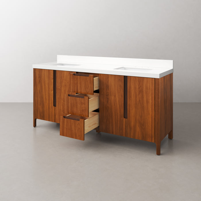 72-Inch Zora Noir Juglans Double Sink Bathroom Vanity with Whitebrook Quartz Top - Freestanding