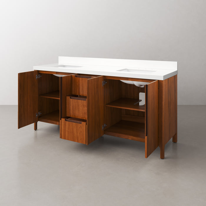 72-Inch Zora Noir Juglans Double Sink Bathroom Vanity with Whitebrook Quartz Top - Freestanding