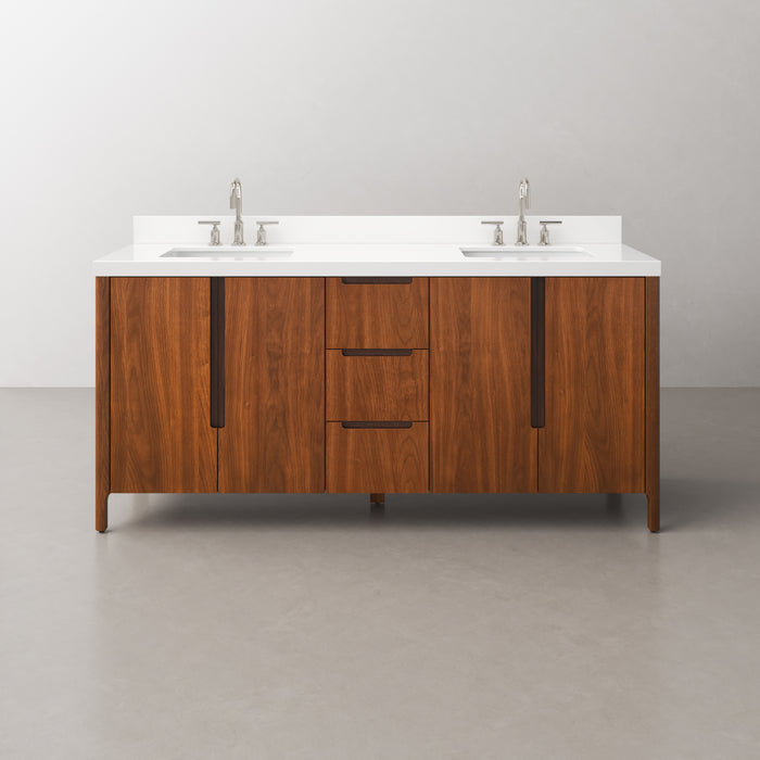 72-Inch Double Sink Abel Vanity in Noir Juglans with 2-Inch Whitebrook Quartz Countertop & Chrome Faucet
