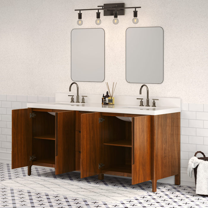72-Inch Zora Noir Juglans Double Sink Bathroom Vanity with Whitebrook Quartz Top - Freestanding