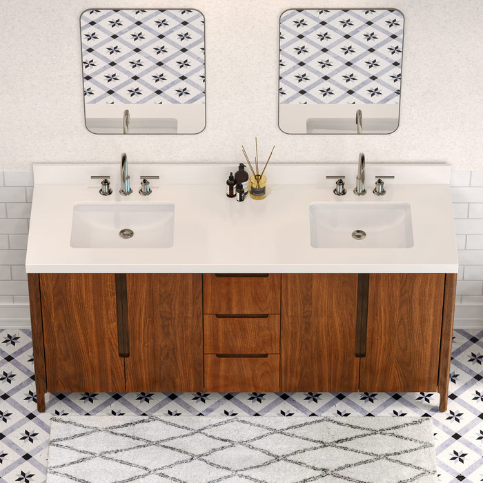 72-Inch Double Sink Abel Vanity in Noir Juglans with 2-Inch Whitebrook Quartz Countertop & Chrome Faucet