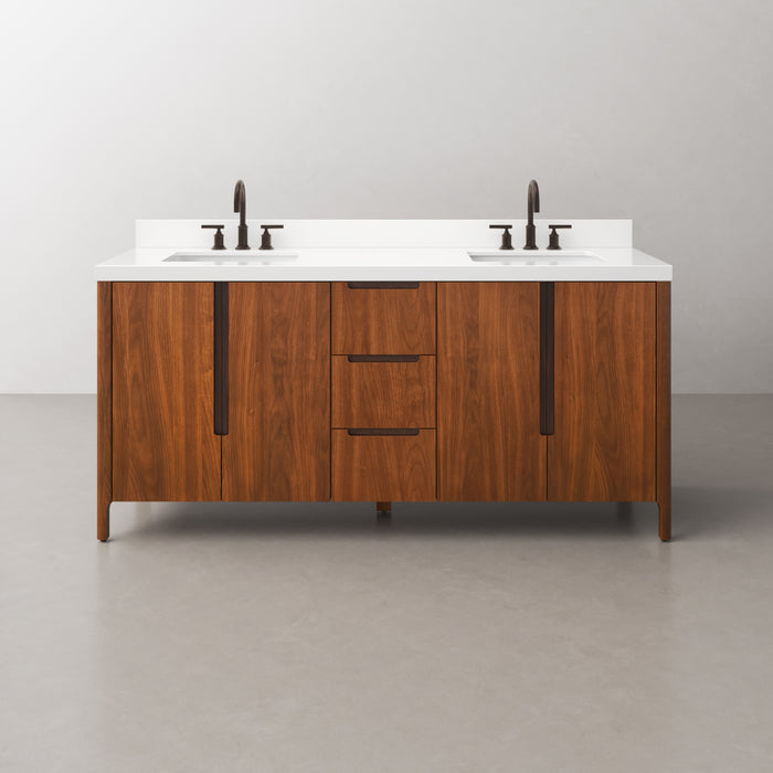 72-Inch Calix Double Sink Vanity in Noir Juglans with 2-Inch Whitebrook Quartz Top & Oil-Rubbed Bronze Faucet