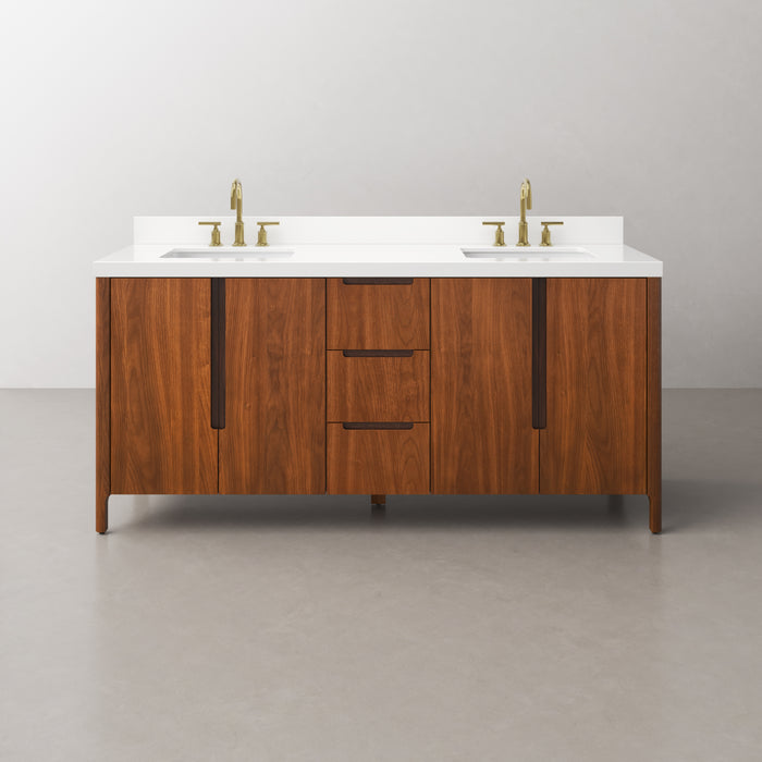 72-Inch Toscana Double Vanity in Noir Juglans with Whitebrook Quartz Countertop & Gold Faucet