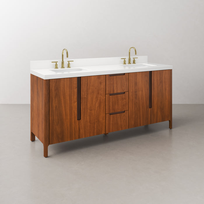 72-Inch Toscana Double Vanity in Noir Juglans with Whitebrook Quartz Countertop & Gold Faucet