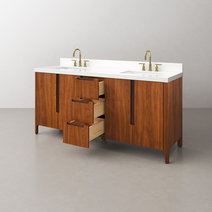 72-Inch Toscana Double Vanity in Noir Juglans with Whitebrook Quartz Countertop & Gold Faucet