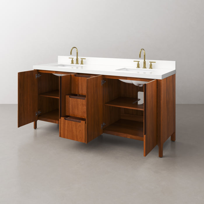 72-Inch Toscana Double Vanity in Noir Juglans with Whitebrook Quartz Countertop & Gold Faucet