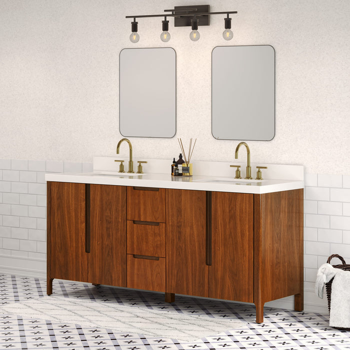 72-Inch Toscana Double Vanity in Noir Juglans with Whitebrook Quartz Countertop & Gold Faucet