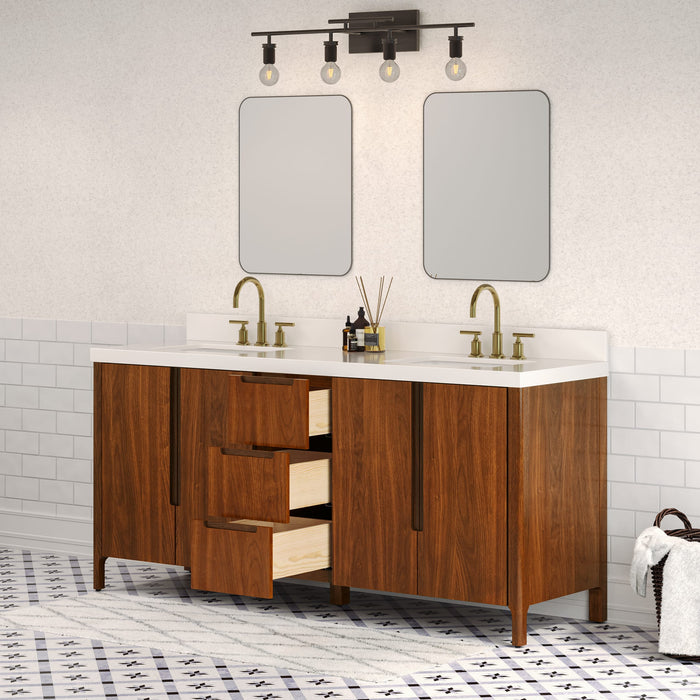 72-Inch Toscana Double Vanity in Noir Juglans with Whitebrook Quartz Countertop & Gold Faucet