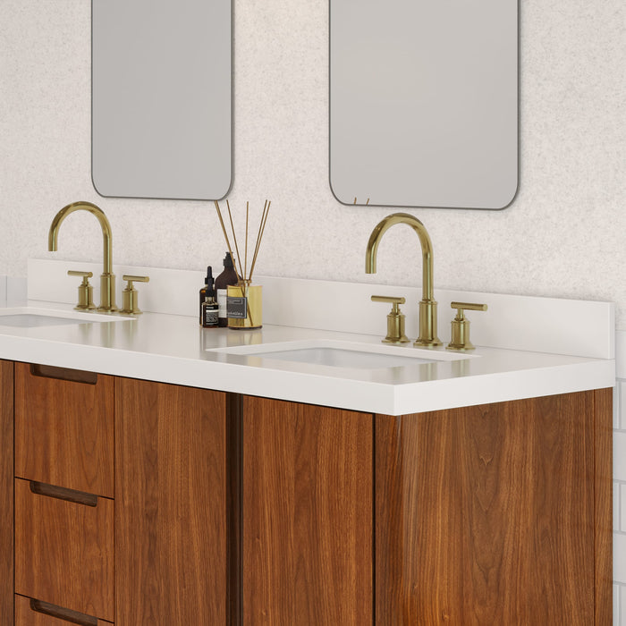 72-Inch Toscana Double Vanity in Noir Juglans with Whitebrook Quartz Countertop & Gold Faucet