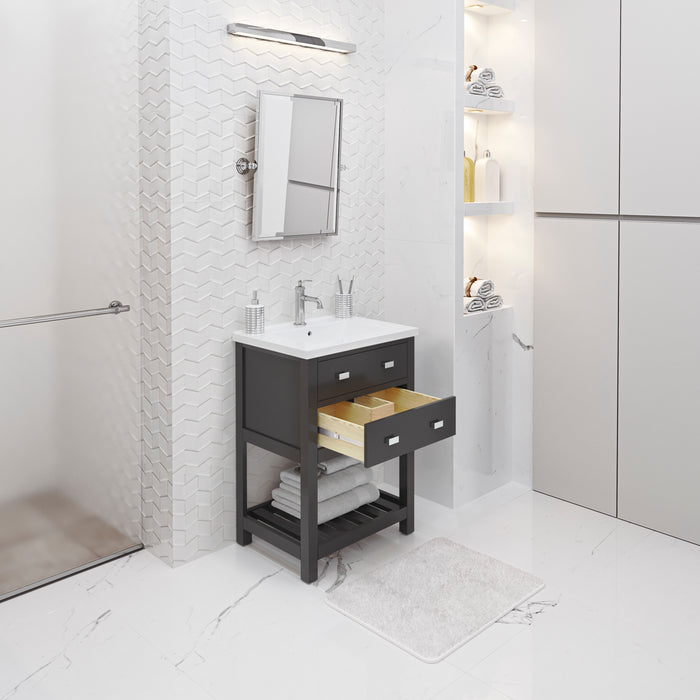 24-Inch Wave Espresso Bathroom Vanity Freestanding Integrated Ceramic Sink Chrome Hardware